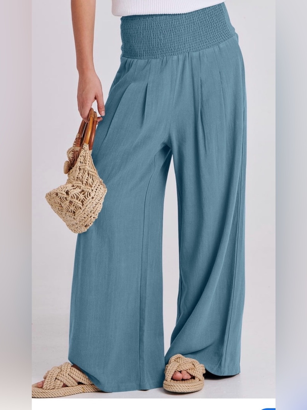 Anrabess Linen Teal‎ Wide-Leg Smocked Waist Pants size M